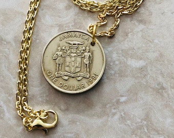 Jamaica Necklace Pendant Jamaican One Dollar Coin Personal Old Vintage Handmade Jewelry Gift Friend Charm For Him Her World Coin Collector