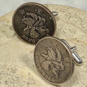 Hong Kong Coin Cufflinks China Chinese Yen Vintage Handmade Jewelry Gift Friend Charm For Him Her World Coin Collector Feng Shui