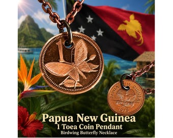 Papua New Guinea 1 Toea Coin Pendant Necklace, Birdwing Butterfly Charm, PNG Heritage Jewelry, Pacific Island Gift