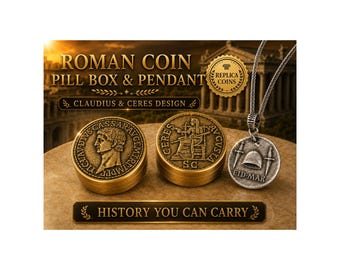 Roman Coin Pill Box Pendant Combo Claudius Ceres "Replica" Ancient Rome Jewelry Gift Mythology Collector Keepsake Brass Pill Case Snuff Box