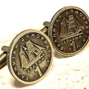 Greece Coin Cuff Links Greek 1 Drachma APAXMH Cufflinks Personal Vintage Handmade Jewelry Gift Friend Charm For Him Her World Coin Collector