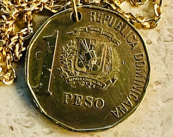Dominican Republic Coin Pendant 1 Peso Rhinestone Necklace Charm Gift For Friend Coin Charm Gift For Him, Her, Coin Collector, World Coins