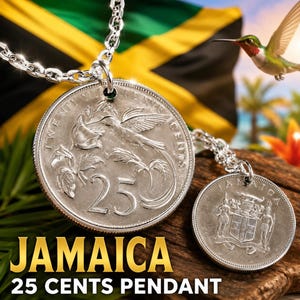 Jamaica 25 Cents coin charm pendant necklace showing both sides of a genuine silver-tone Jamaican coin. One side features the Doctor Bird hummingbird among tropical flowers with Twenty-Five Cents lettering, while the reverse displays Jamaica’s national coat of arms and motto. Styled with the Jamaican flag, tropical greenery, hummingbird, palm trees, and warm Caribbean scenery as handmade island heritage jewelry.