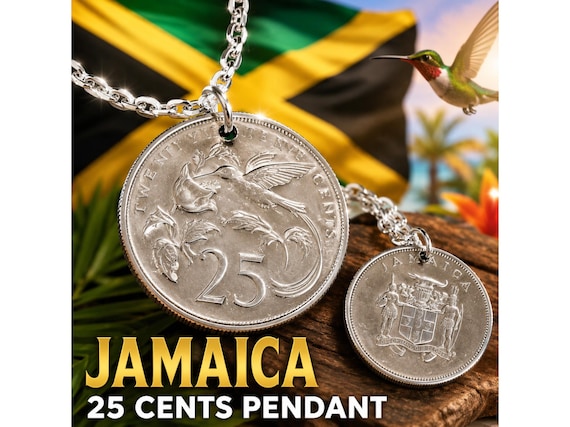 Jamaica 25 Cents Coin Charm Pendant Necklace, Doctor Bird Jamaican Heritage Jewelry, Caribbean Gift Caribbean Keepsake