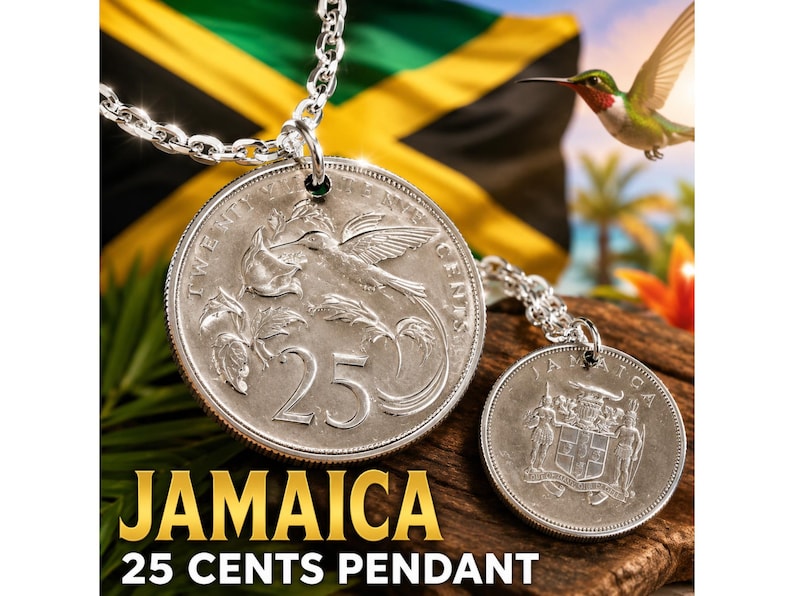 Jamaica 25 Cents coin charm pendant necklace showing both sides of a genuine silver-tone Jamaican coin. One side features the Doctor Bird hummingbird among tropical flowers with Twenty-Five Cents lettering, while the reverse displays Jamaica’s national coat of arms and motto. Styled with the Jamaican flag, tropical greenery, hummingbird, palm trees, and warm Caribbean scenery as handmade island heritage jewelry.