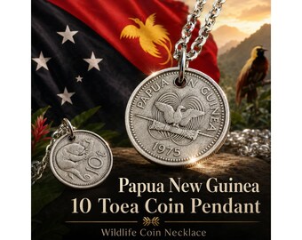 Papua New Guinea Coin Pendant Necklace, 10 or 20 Toea Wildlife Coin, PNG Heritage Jewelry, Pacific Island Gift