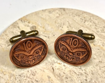 Abotoaduras de moedas da Nova Zelândia, neozelandeses, 10 centavos, joias vintage pessoais feitas à mão, presente para um amigo, pingente para ele, colecionador de moedas do mundo dela
