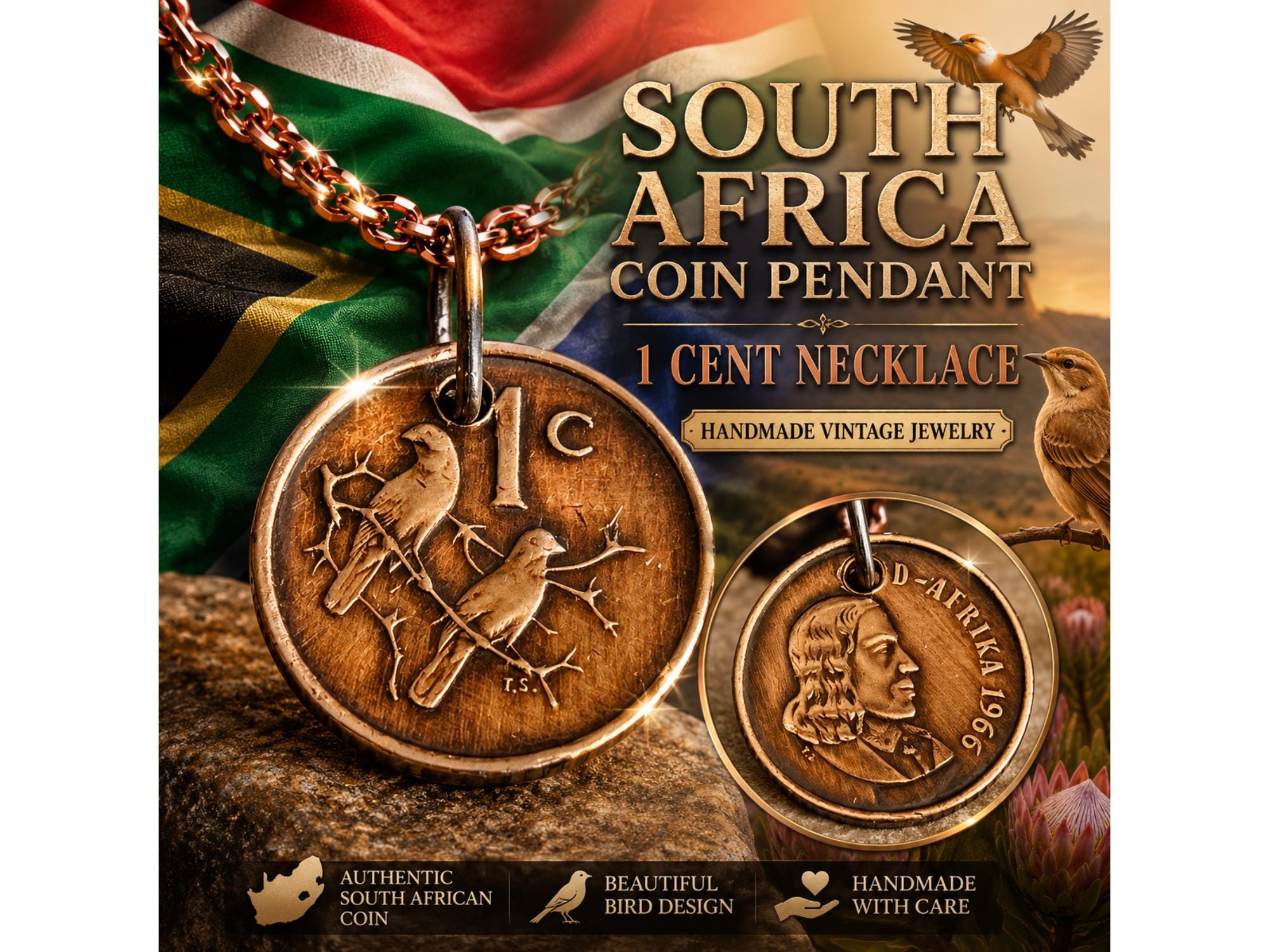 South Africa 1 Cent Coin Charm Pendant Necklace, Cape Sparrow Bird