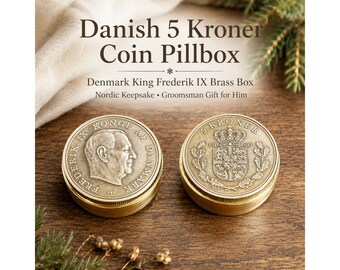 Danish 5 Kroner Coin Pillbox, Denmark King Frederik IX Brass Box, Nordic Keepsake, Snuff Stash Box, Groomsman Gift for Him