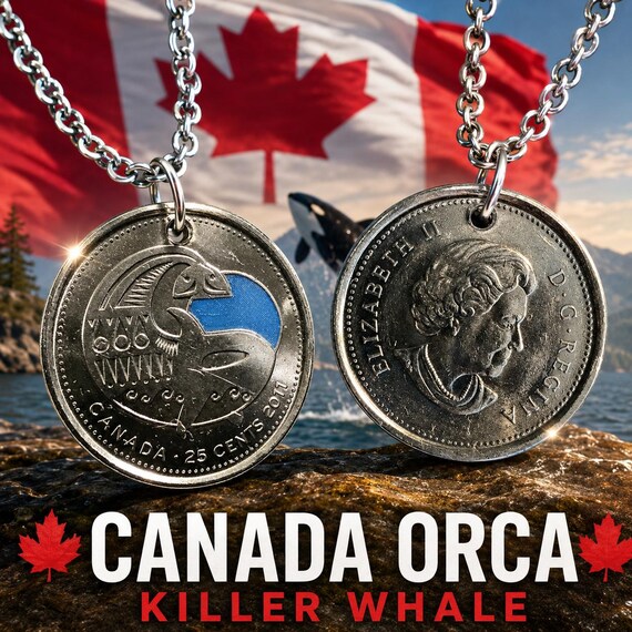 Canada Orca Coin Pendant Necklace Charm, 2011 Coloured Quarter