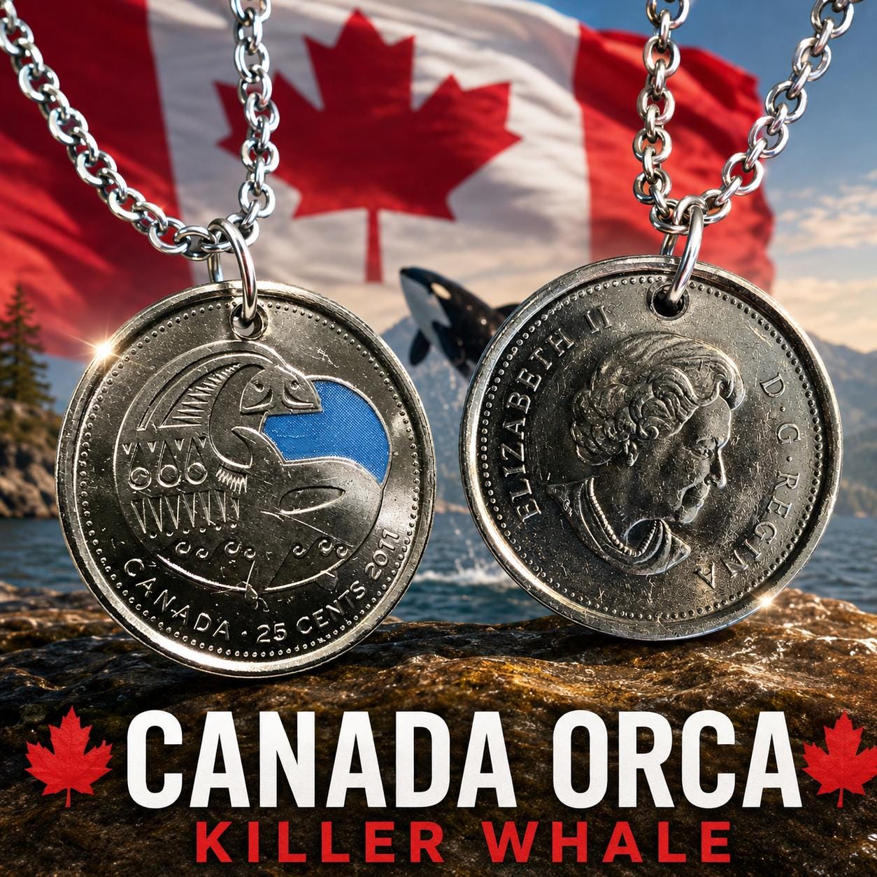 世界の硬貨 Canada Orca Coin Pendant Necklace Charm, 2011 Coloured Quarter