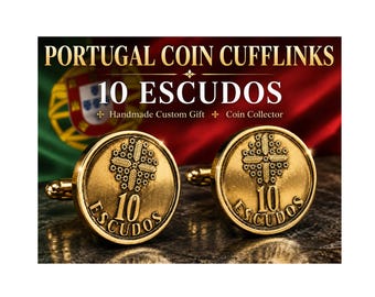May include: Gold-toned cufflinks featuring a coin design with the text "10 ESCUDOS." The cufflinks are presented against a backdrop of the Portuguese flag. The text "PORTUGAL COIN CUFFLINKS" is displayed above the cufflinks.