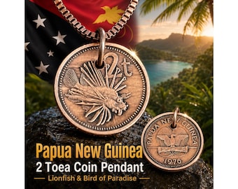 Papua New Guinea 2 Toea Coin Pendant Necklace, Lionfish Bird of Paradise, PNG Heritage Jewelry, Pacific Island Gift