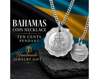 Collana con ciondolo a forma di moneta da dieci centesimi delle Bahamas, Commonwealth, fatta a mano, regalo per lui e per lei, souvenir di viaggio sull'isola, collezionista di monete del mondo.