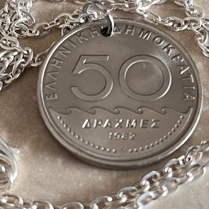 Greece Coin Necklace 50 Drachmas Greece Coin of Solon Pendant Personal Handmade Jewelry Gift Friend Charm For Him Her World Coin Collector