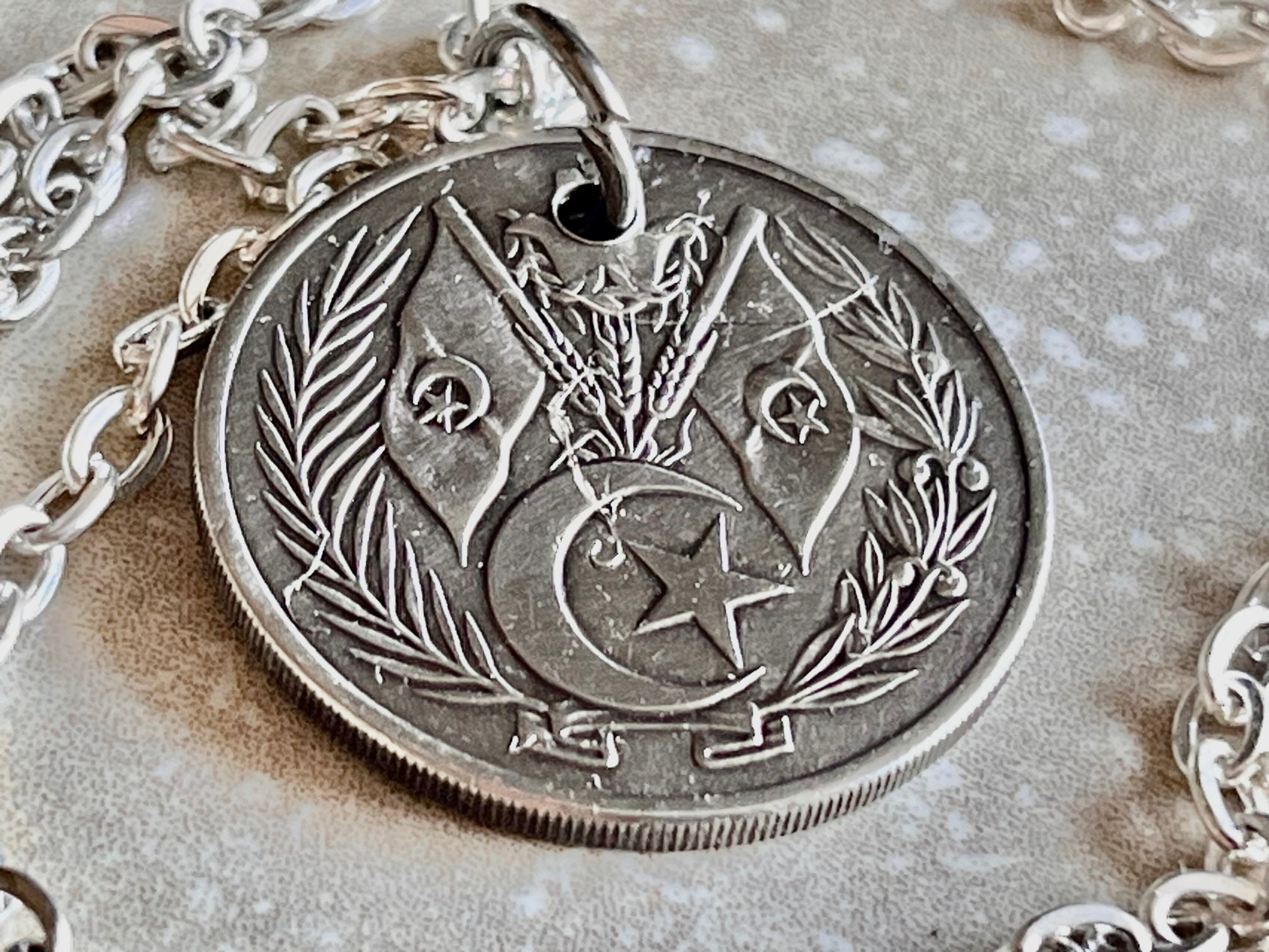 Algeria 5 Centimes Coin Necklace Charm Algerian Pendant Vintage