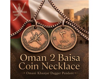 Oman 2 Baisa Coin Pendant Necklace, Omani Khanjar Dagger Charm, Arabian Heritage Jewelry, Vintage World Coin Gift for Him or Her