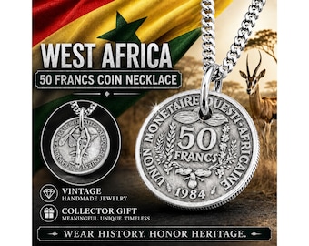 Ciondolo con moneta da 50 franchi dell'Africa occidentale, collana con franchi CFA, gioiello africano vintage, regalo per lui e per lei, oggetto da collezione per appassionati di monete del mondo.