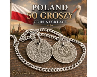 Poland 50 Groszy Coin Charm Pendant Necklace, Polish Eagle Jewelry, Vintage Handmade Heritage Gift for Him Her