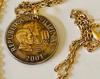 Philippines Coin Necklace Pendant Philippians 10 Piso Personal Vintage Handmade Jewelry Gift Friend Charm For Him Her World Coin Collector