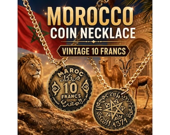 Morocco 10 Francs Coin Pendant Charm, Star Necklace, Vintage Moroccan Jewelry Gift