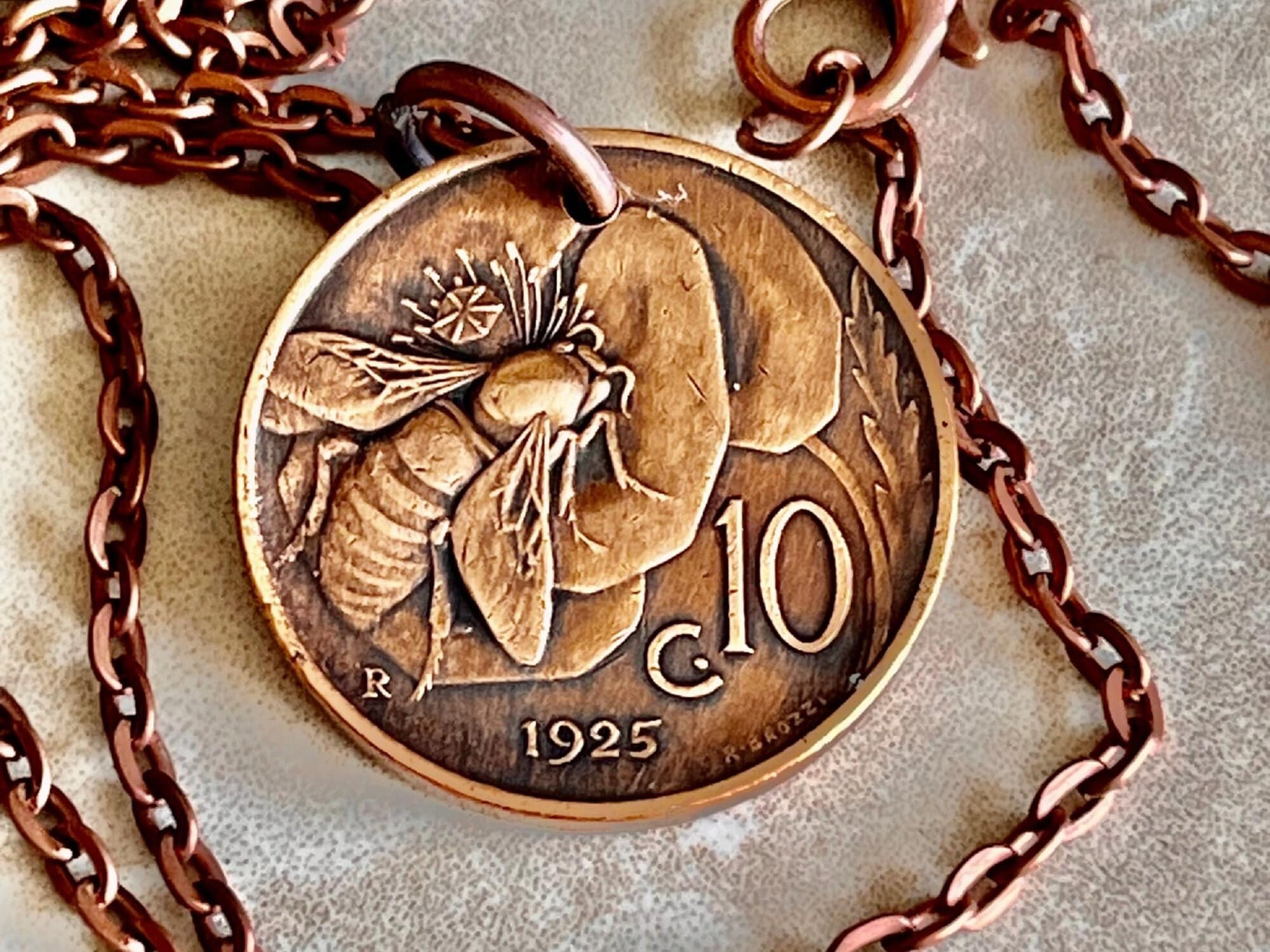 Italy Coin Pendant Italian 10 Lira Bee and Flower Necklace Vintage