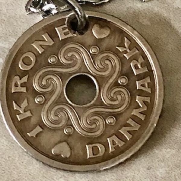 Denmark Coin Pendant 1 Kroner Danmark Personal Necklace Old Vintage Handmade Jewelry Gift Friend Charm For Him Her World Coin Collector