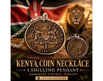 Kenya 1 Shilling Coin Charm Pendant Necklace, Lion Crest African Jewelry, Handmade Vintage Kenyan Heritage Gift