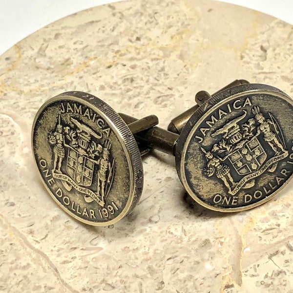 Jamaica Coin Cuff Links Jamaican One Dollar Personal Cufflinks Vintage Handmade Jewelry Gift Friend Charm For Him Her World Coin Collector