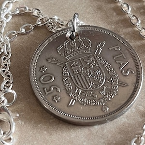 Spain Coin Necklace Spanish 50 Pesetas Pendant Personal Old Vintage Handmade Jewelry Gift Friend Charm For Him Her World Coin Collector