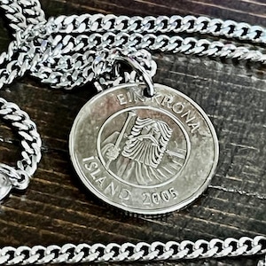 Iceland Coin Necklace 1 Kronur Icelandic Pendant Personal Old Vintage Handmade Jewelry Gift Friend Charm For Him Her World Coin Collector