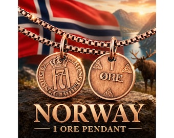 Norway 1 Øre Coin Pendant Charm, Haakon VII Pendant Necklace, Norwegian Heritage Jewelry Gift