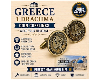 Gemelli con moneta greca da 1 dracma APAXMH Gioielli vintage greci fatti a mano Regalo da uomo Classico design nave a vela
