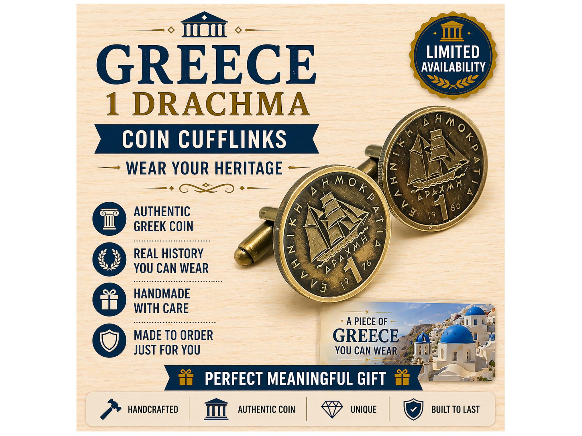本物のギリシャ1ドラクマ硬貨カフスボタン：帆船デザイン