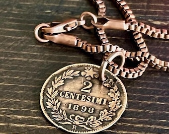 Colgante de moneda italiana de 2 céntimos, collar personal, joyería antigua vintage hecha a mano, regalo para un amigo, amuleto para él o ella, coleccionista de monedas del mundo.
