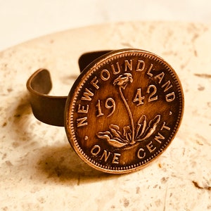 Newfoundland Coin Ring One Penny Canadian Canada Cent Adjustable Custom Vintage and Rare Coins Coin Enthusiast - Handmade Choose Your Year