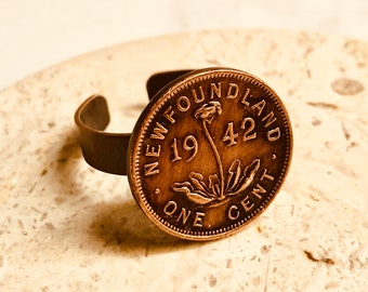 Newfoundland Coin Ring One Penny Canadian Canada Cent Adjustable Custom Vintage and Rare Coins Coin Enthusiast - Handmade Choose Your Year