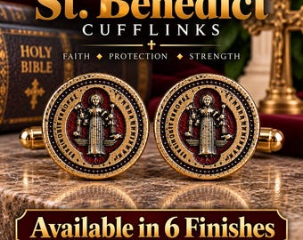 St. Benedict Cufflinks, Saint Benedict Medal Cuff Links, Christian Gift for Him, Faith Protection Jewelry
