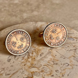 Hong Kong Münze Manschettenknöpfe China 10 Cent persönlicher Manschettenknopf alte Weinlese handgemachte Schmuck Geschenk Freund Charme für ihn ihre Welt Münze Feng Shui