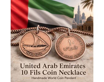 UAE 10 Fils Coin Necklace: Dhow Boat Pendant, Handmade World Coin Jewelry