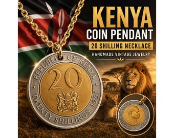 Kenya 20 Shillings Coin Charm Pendant Necklace, Kenyan Crest Jewelry, Handmade Vintage African Heritage Gift