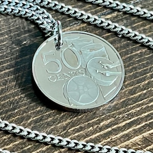 Trinidad and Tobago Coin Necklace Drum 50 Cents Pendant Vintage Custom Made Rare Coins Coin Enthusiast Fashion Accessory Handmade