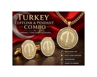 Ensemble de pendentifs boutons de manchette en lires turques, bijoux turcs, collier en métal bimétallique, cadeau pour hommes, accessoires pour hommes faits à la main au Canada