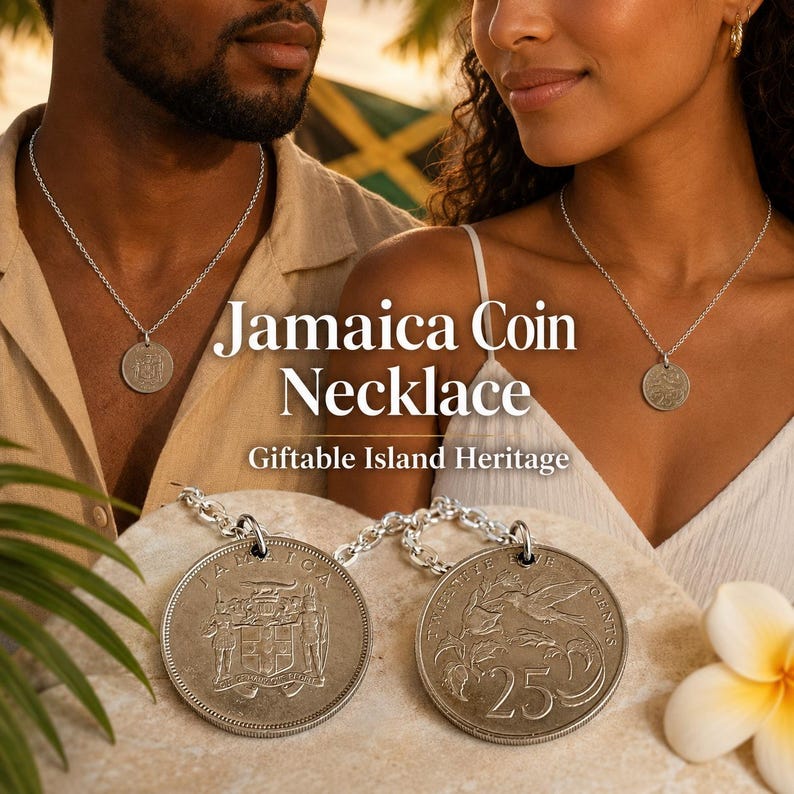 Jamaica 25 Cents Coin Charm Pendant Necklace, Doctor Bird Jamaican Heritage Jewelry, Caribbean Gift Caribbean Keepsake bild 3
