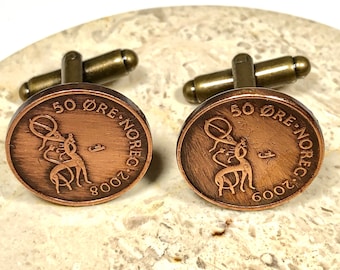 Abotoaduras de moedas da Noruega, abotoaduras pessoais de 50 minérios, joias vintage antigas feitas à mão, presente para um amigo, pingente para ele, colecionador de moedas do mundo dela