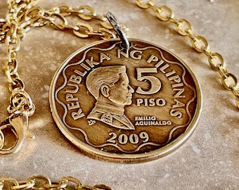 Philippines Coin Necklace Pendant Philippians 5 Piso Personal Vintage Handmade Jewelry Gift Friend Charm For Him Her World Coin Collector