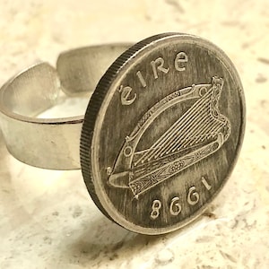 Ireland Coin Ring Irish 5 Pence Celtic Harp Vintage Adjustable Custom Made Rare Coins Coin Enthusiast  Handmade