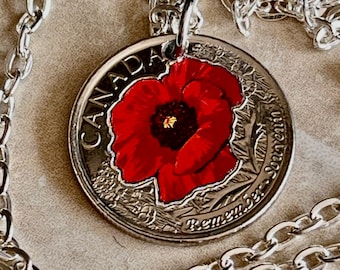 Canadian Quarter Coin Necklace 2015 Red Poppy Colored Uncirculated  25 Cents Custom Made Vintage Rare Coins Coin Jewelry  Canada