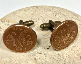 Abotoaduras de moedas da Noruega, abotoaduras pessoais de 2 minérios, joias vintage antigas feitas à mão, presente para amigos, pingente para ele, colecionador de moedas do mundo dela