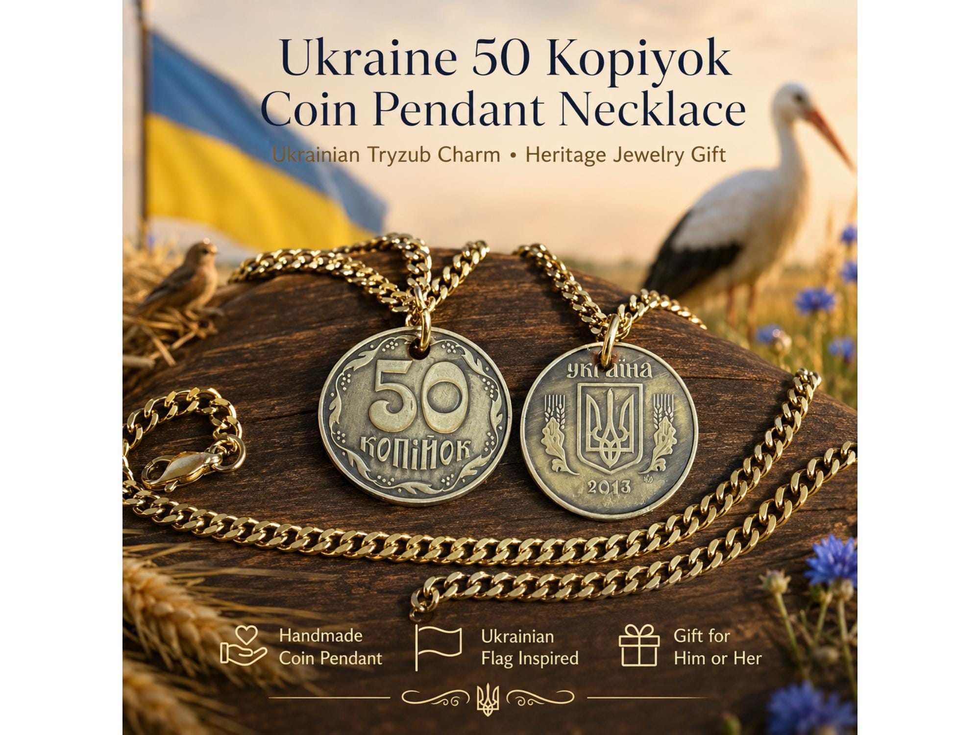 Ukraine 50 Kopiyok Coin Pendant Necklace, Ukrainian Tryzub Charm